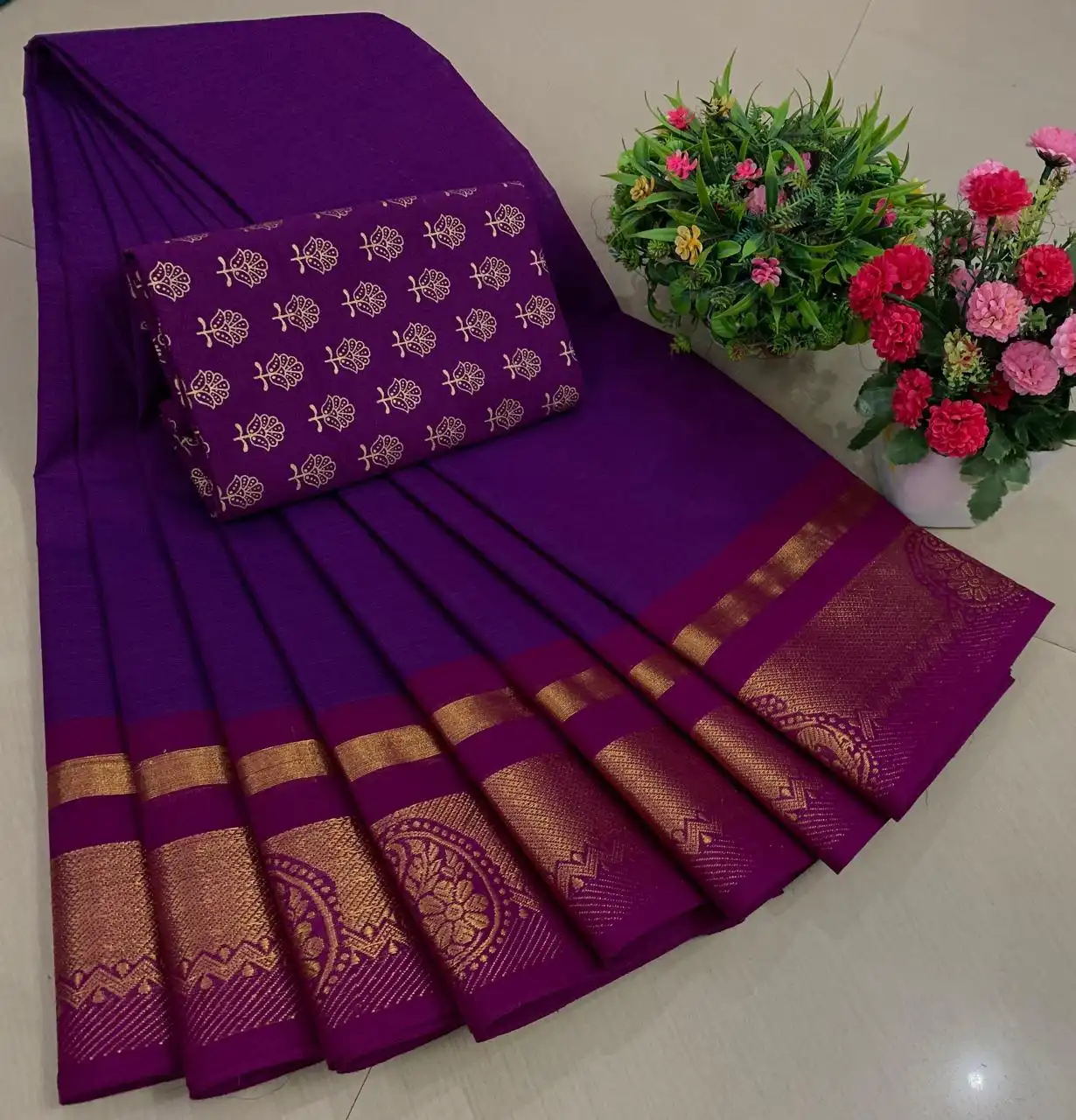 Purple Zari Border Floral Kalamkari Blouse Pure Cotton Saree